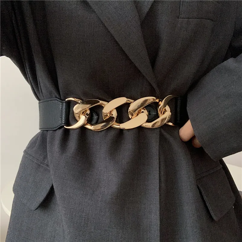 

Fashion Punk Women Elastic Wide Belts PU Leather Thick Chain Waist Strap Dress Coat Sweater Lady Decorative Waistband