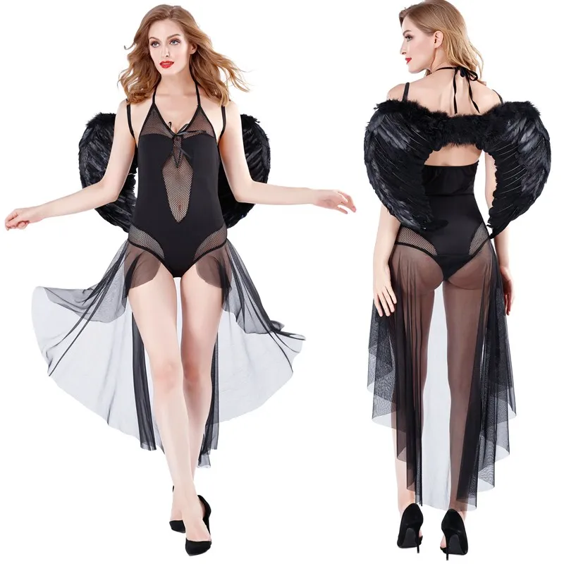 Black Mesh Sheer Sexy Angels Costume With Wing Women Sexy Lingerie Uniform Angels Cosplay Halloween Role Playing Games Costume