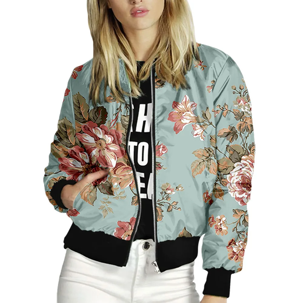 

2021 Spring Autumn Thin Solid Jackets Women Floral Print Casual Zipper Bomber Jacket Long Sleeve Coat Female Slim Outerwears
