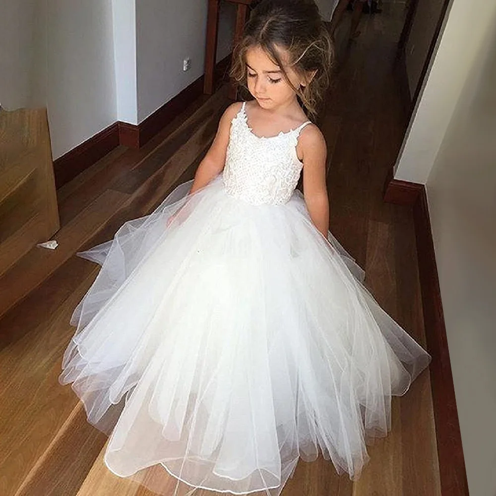 FashionMia Ivory White Flower Girls Lace Tulle Ball Gowns First Communion Dresses Sleeveless for Wedding Party Kids New Style