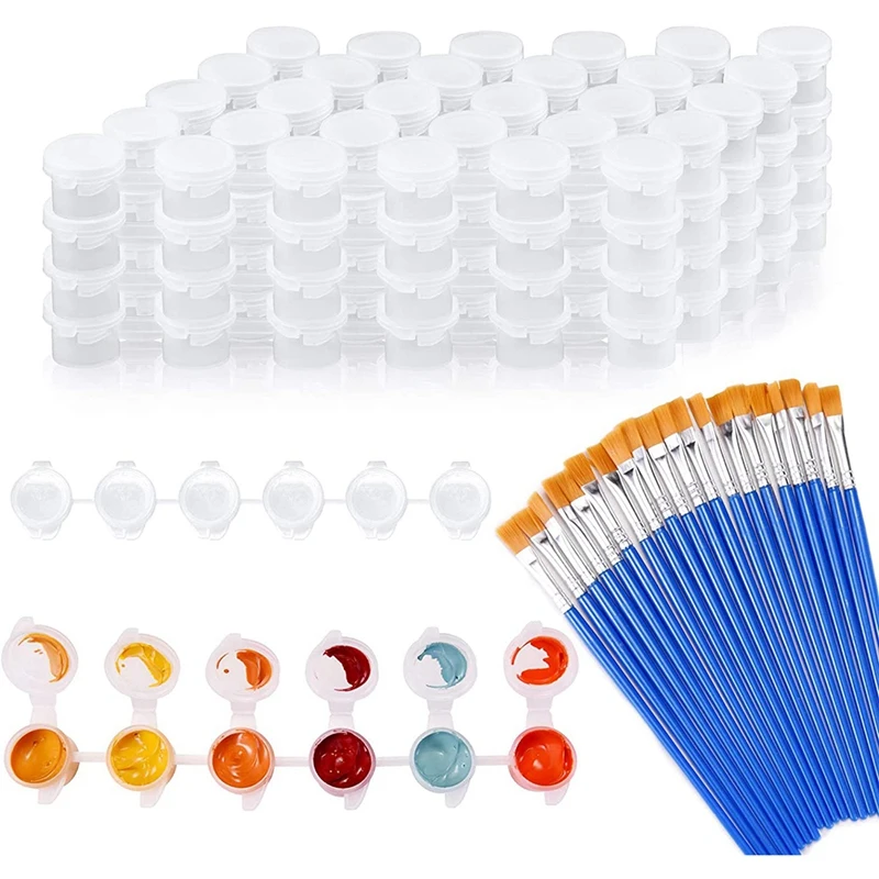 

20 Strips 120 Pots Empty Paint Pots Strips Mini Clear Storage Containers and 20 Pcs Paint Brushes Painting Arts Crafts