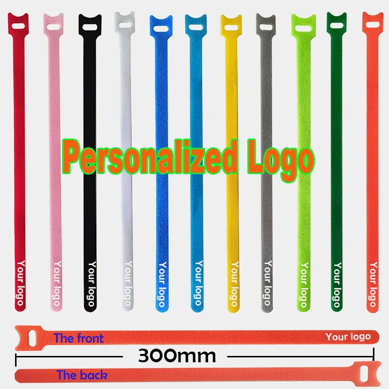 100pcs/lot 300mm Personalized logo  cable ties Adhesive Fastener Tape  Hook  Loop stick bulcker Belt Bundle Wire Line Strap cord