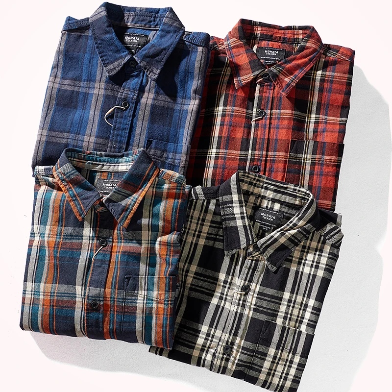 2021 Autumn and Winter Japanese Retro Thickened Plaid Shirt Men\'s Fashion Raglan Sleeve Loose 100% Cotton Casual Blouses Coat