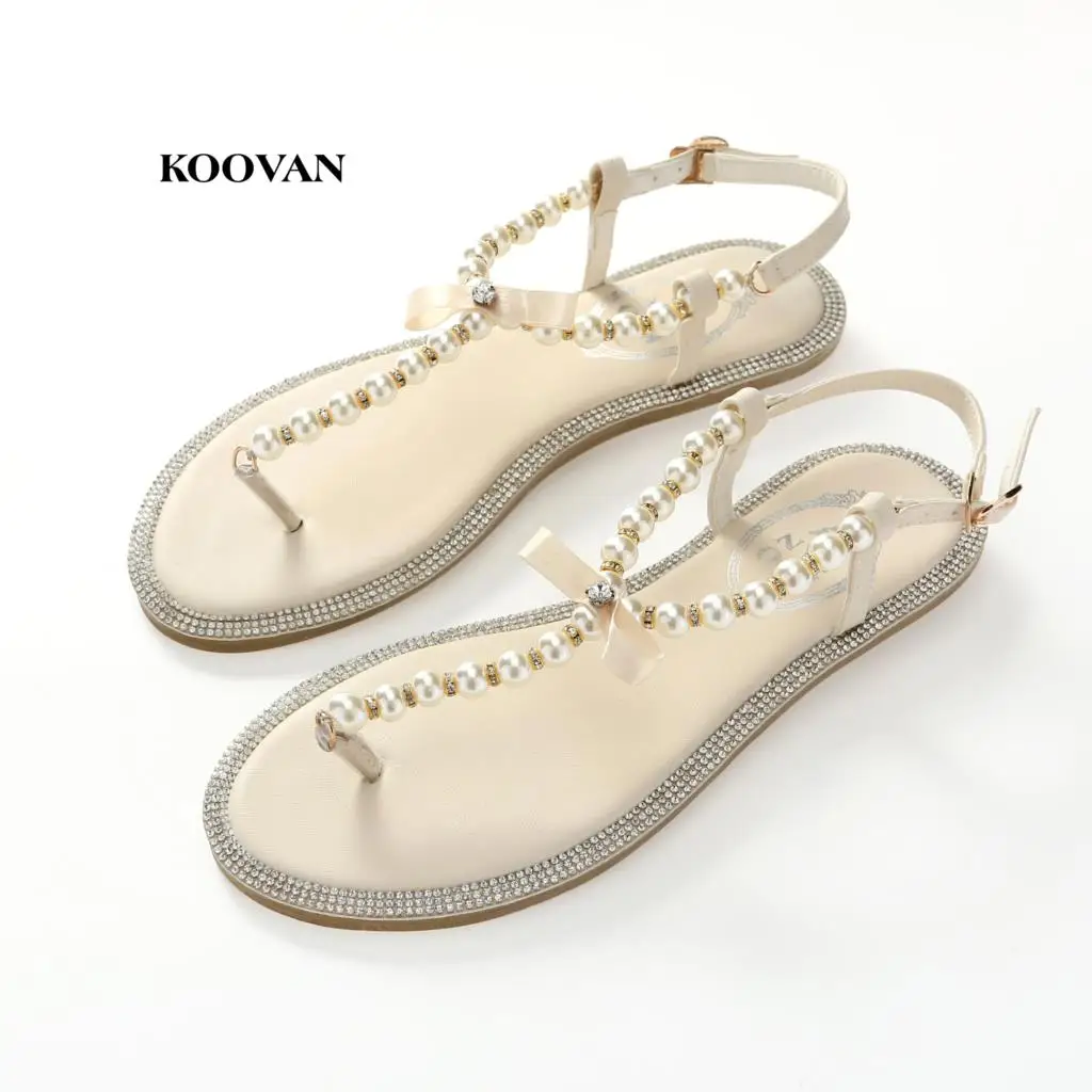 Women Sandals 2022 New Summer Fashion Shoes Girl\'s Bow Rhinestone Pearl Women Sandals Flats Shoes Beach Woman Shoes Size 33-43