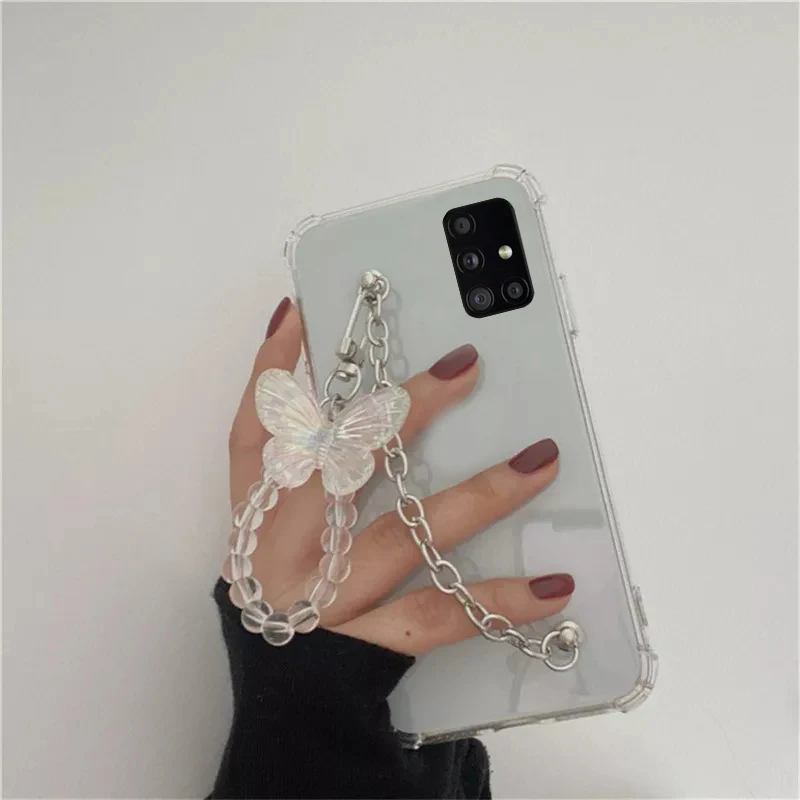 Cute Crystal Crystal wrist Strap Butterfly Pendant Phone Case For Samsung A72 A52 A71 A51 S21U S21 A11 A21S A31 A41 Note20U