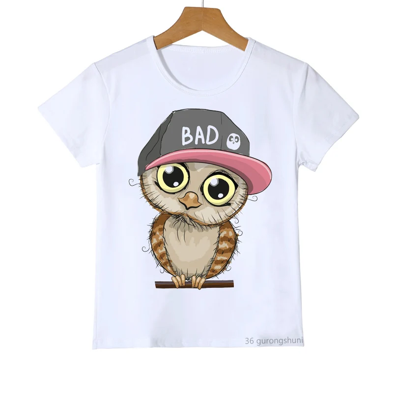 Camisa de moda nova moda verão harajuku vogue menino menina branco superior crianças roupas meninos/meninas kawaii bonito dos desenhos animados do pássaro