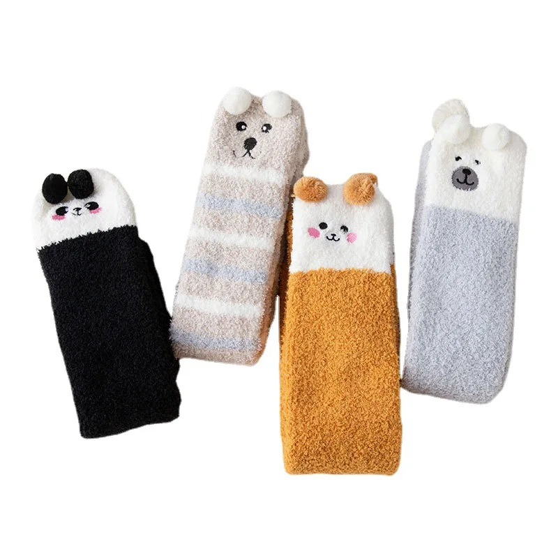 Soft Coral Fleece Knee Socks Winter Warm Girl Women Cute Cartoon Animal Stockings Striped Cozy Thigh High Christmas