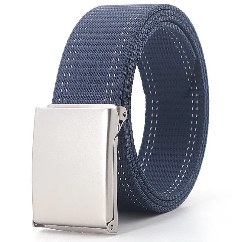 Fashion Mens Metel Buckle Canvas Belts Breathable Outdoor Leisure Unisex Sport Cowboy Jeans Accessories Silver Color Cinto Blue