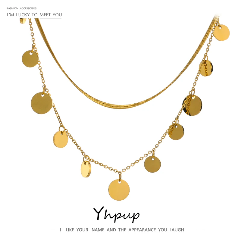 Yhpup Trendy Coin Round Pendant Necklace Chain for Women Stainless Steel Waterproof Collar Metal Texture Fashion Jewelry