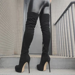 DOHBANER Women Thigh High Platform Boots Side Zip Faux Suede + Synthetic High Heels Over Knee Shoes Woman Large Size 41 45 50 52