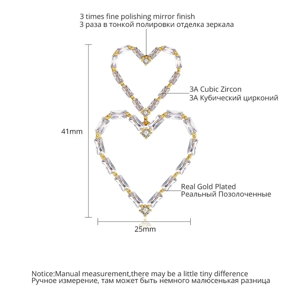 LUOTEEMI Romantic Double Heart Shape Dangle Earrings for Women Gold Silver Color Cubic Zircon Earring for Girls Wholesale Item