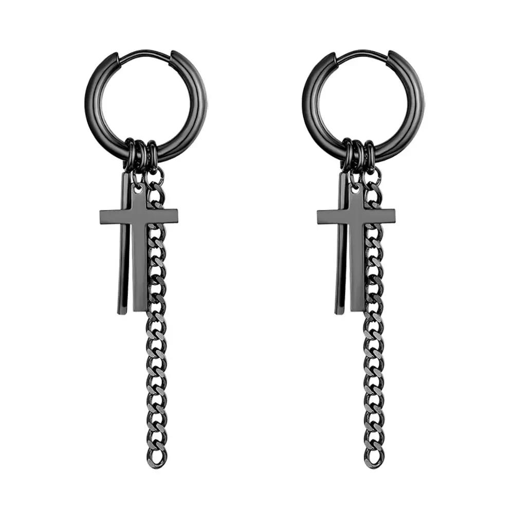 1pc Stainless Steel Cross Chain Pendant Earrings For Women Men South Korea Tassels Piercing Earrings Hip-hop Pop Ear Jewelry