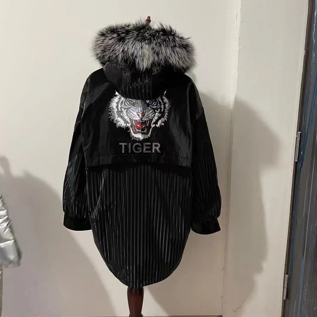 Parka 2023 winter new female tiger pattern long fur coat real rabbit fur liner raccoon fur collar fashion loose fur jacket women