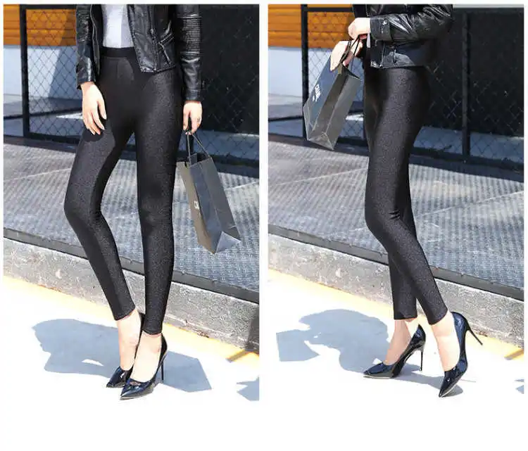 Herbst Winter Dicke Leggings Fashion Solid Dünne Hosen Dame Fleece Warme Leggings Casual Schwarz Glänzende Hohe Taille Leggings – Detail 3