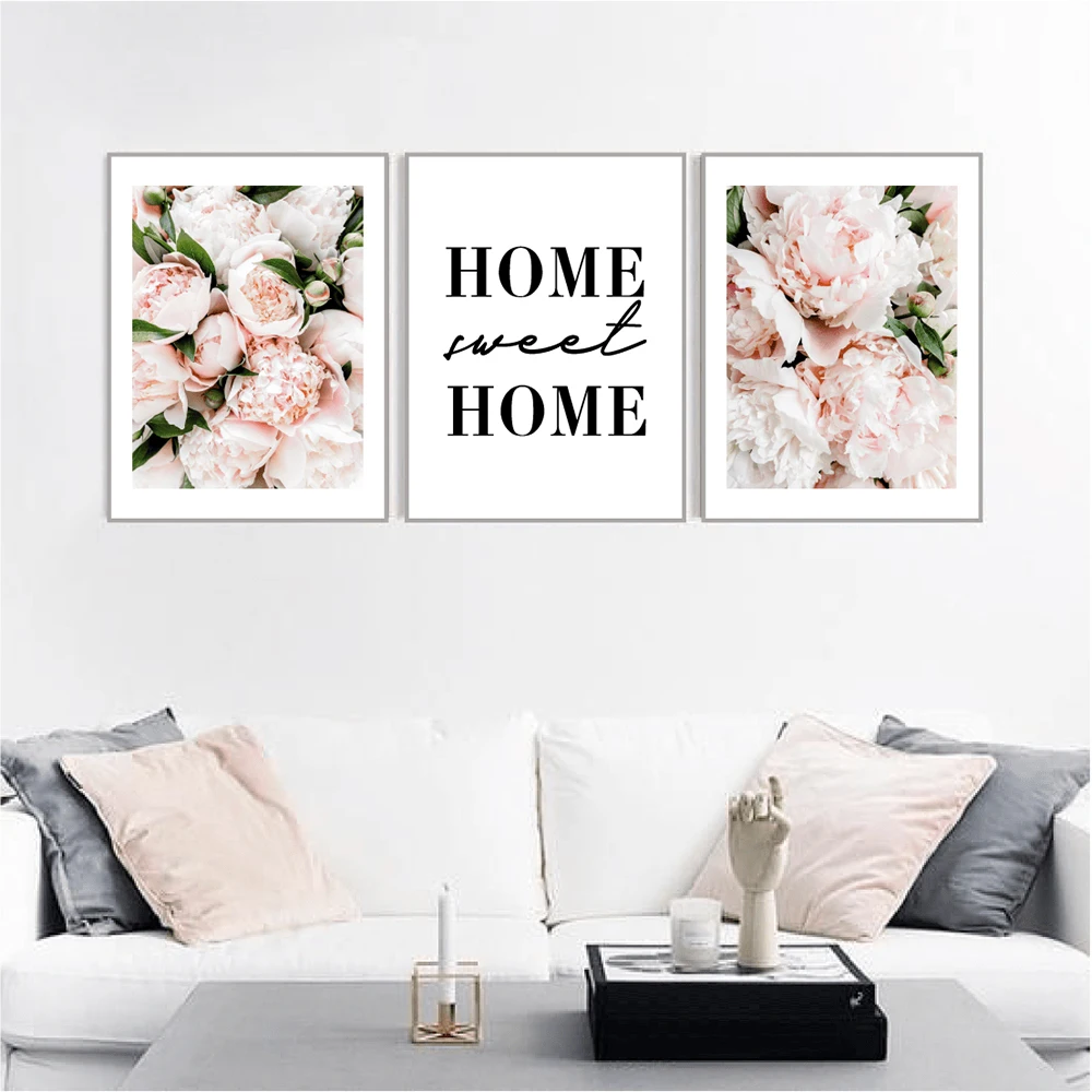 Pink Peony Flowers Home Sweet Canvas Painting Decoration Nordic Posters And Prints Wall Art Picture For Living Room Home Decor