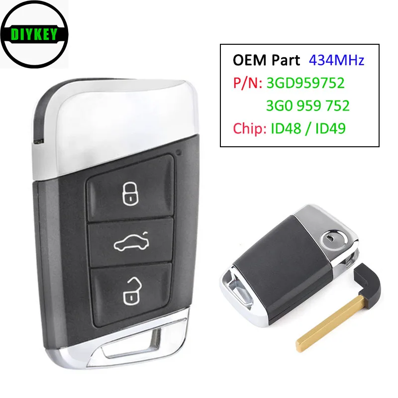 

DIYKEY OEM Smart Remote Key 3 Button 434MHz c Chip for Volkswagen Magotan Superb A7 Passat B8 P/N: 3G0 959 752/ 3GD 959 752