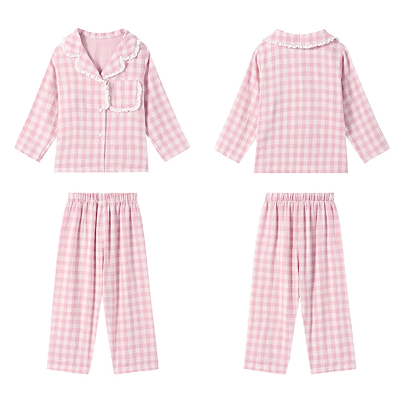 Cute Kid Girl\'s Turndown Collar Pink Plaid Pajama Sets.Vintage Toddler Kid‘s Pyjamas Set Sleep Loungewear.Children’s Clothing