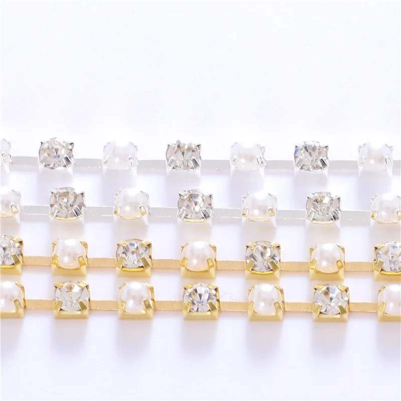 New 4mm Crystal Glass ABS Pearl Rhinestone Chain with Silver Base Faltback Sewing Accessories for  Garment Bags decorations