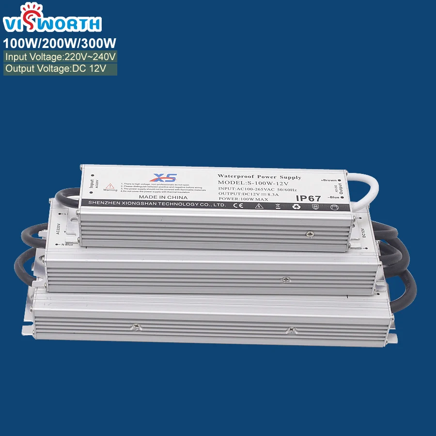 110v 220v 240v to 12V DC transformer 100W 200W 300W LED driver waterproof outdoor IP67