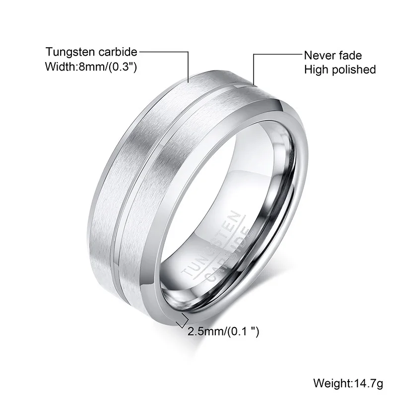 Vnox 8mm Tungsten Wedding Rings for Men, Stylish Grooved Line Finger Band, Casual Gentle Male Engagement Jewelry