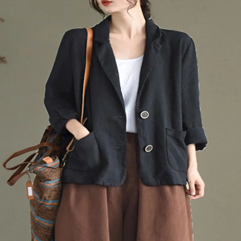 Women Cotton Linen Casual Blazer Jackets New 2021 Spring Simple Style Vintage Solid Color Loose Female Outerwear Coats S3616