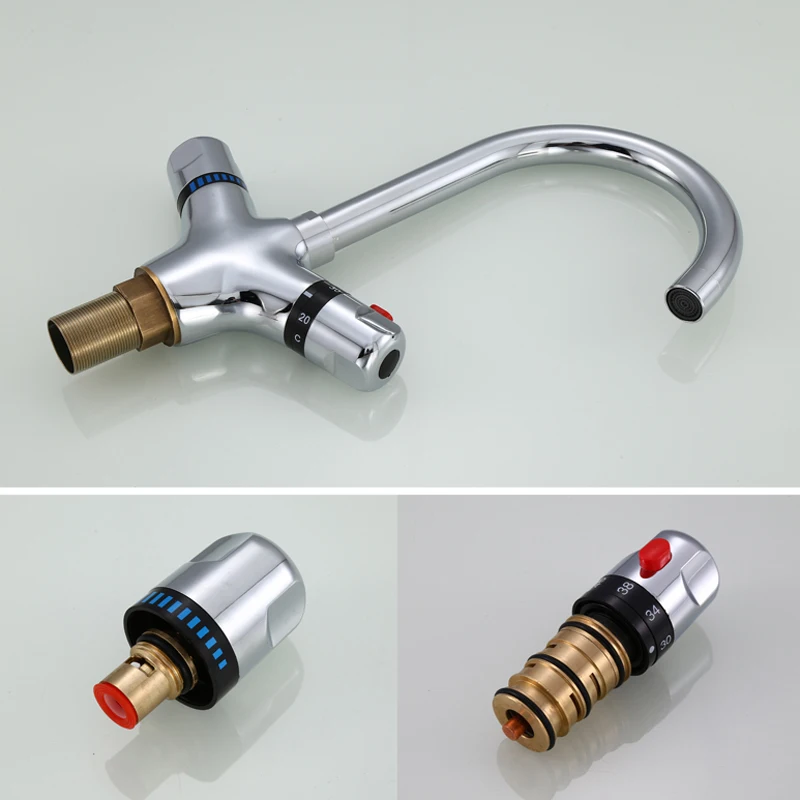Flexible Thermostatic Faucet for Basin/Kitchen 360 Degree Rotatable Bathroom Mixing Tap Deck Mounted Brass Thermostatic Mixer