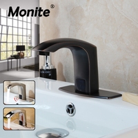 Monite Black Solid Brass Automatic Sensor Faucet Bathroom Basin Sink Faucet Water Mixer Tap Touch-Free Infrared Basin Tap Faucet