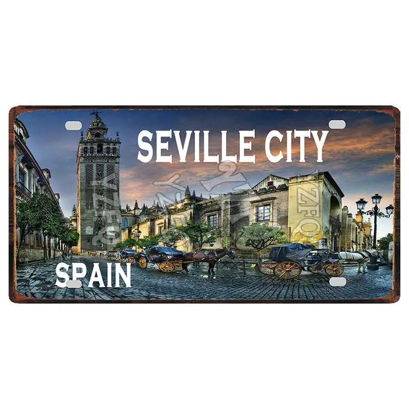【YZFQ】30X15CM Spain City  Seville Vintage Metal Sign Barcelona Travel Souvenir  Wall Bar Home Shop Decor Plaques Poster DC-1054B