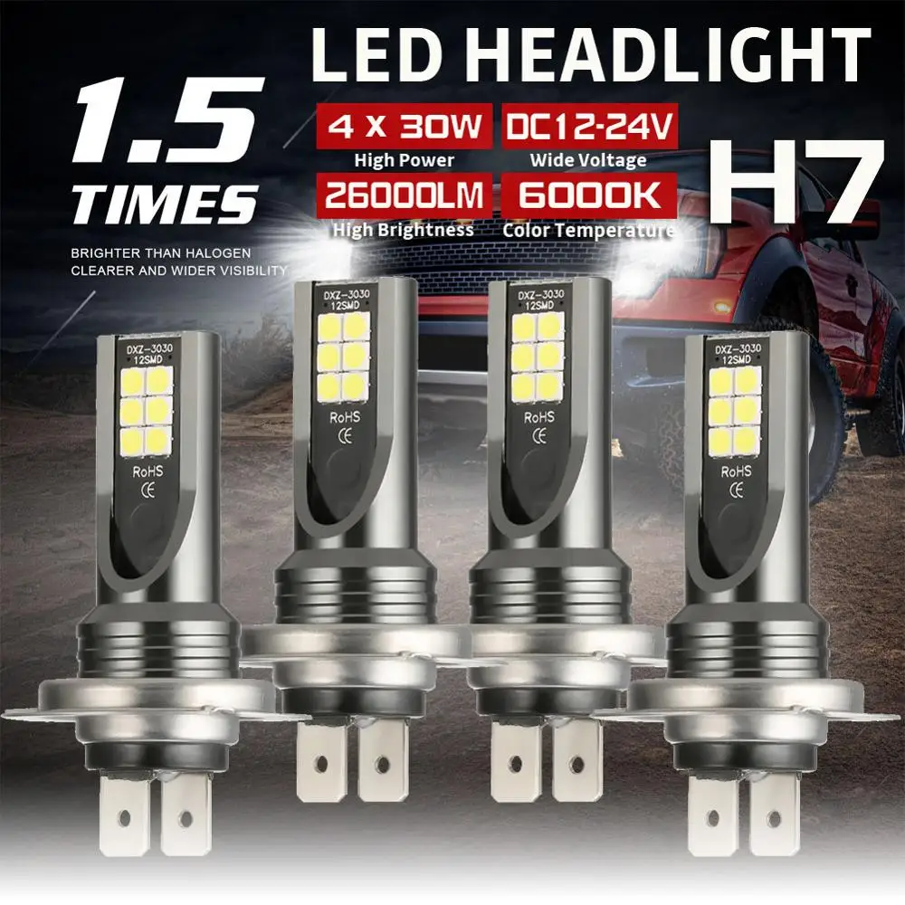 4PCS 26000LM 120W 6000K IP67 DC 12V-24V Mini H7 Combo LED Headlight Kit Bulbs High O Low Beam Kit Single Beam / High / Low Beam