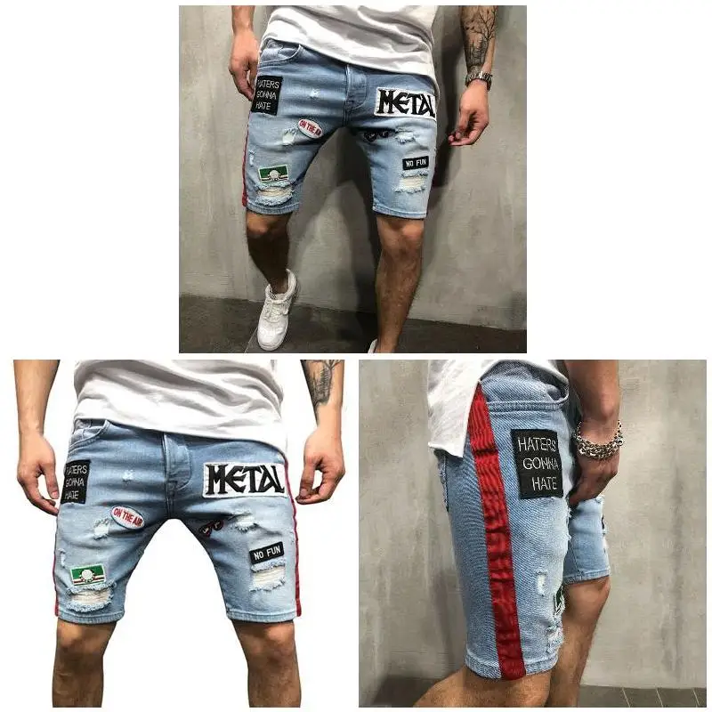 Best Sale Men\'s Denim Pant Shorts Hot Jeans Embroidery Hole Slim Fit Casual Hiking Sport Fashion Half Pants For Summer