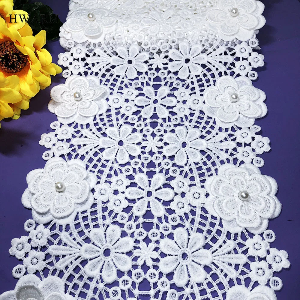 5yard Good Quality 3d Lace With Beads Diy Wedding Needlework Sewing Trim 21.5cm Milk Silk Water Soluble Embroidery Curtain Skirt