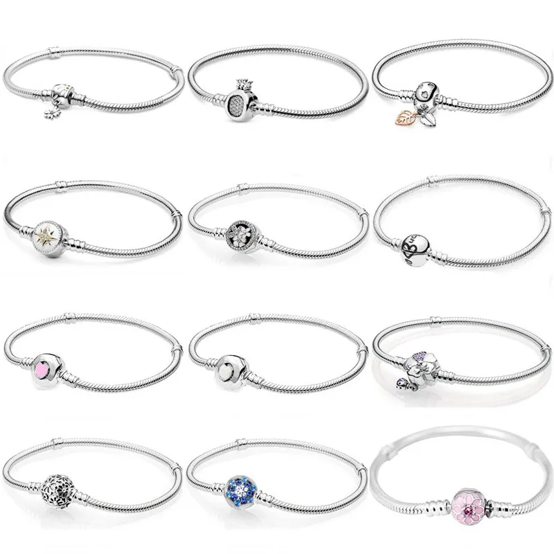 

100% 925 Sterling Silver Moments Crown O Daisy Flower Meadow Floral Clasp Snake Bracelet Fit Fashion Bead Charm Trendy Jewelry