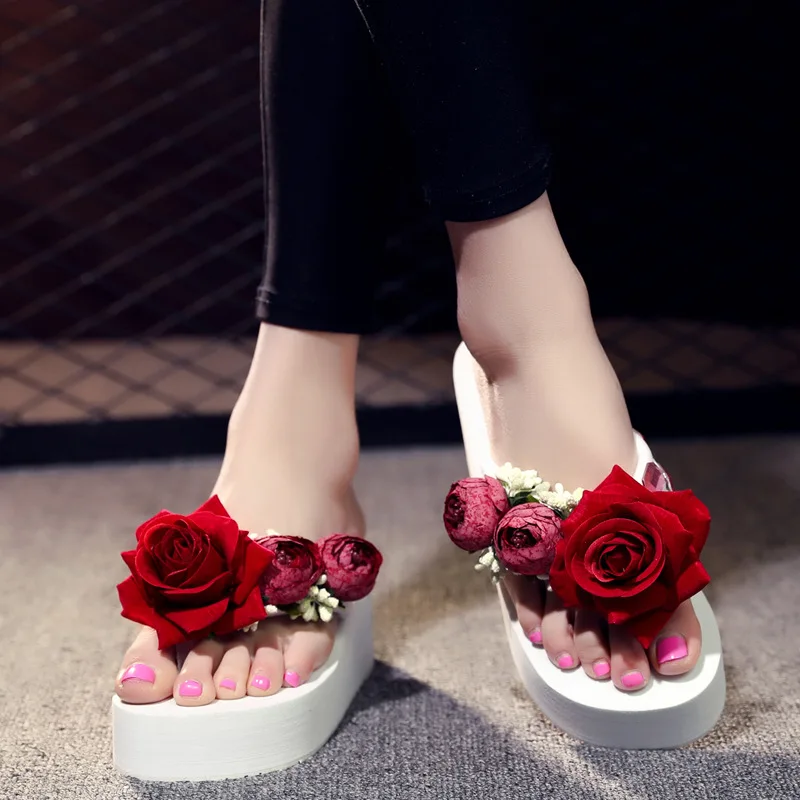 5cm High Heel Women\'s Summer Flowers Beach Shoes Fashion Clip Foot Wedge Heel Thick Platform Cute Sandals and Slippers Shoes