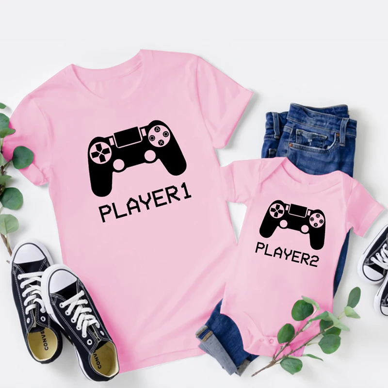 Family Matching Clothes Player 1 Player 2 Funny Father Son Look Tshirt Summer Short Sleeve T-Shirt For Daddy Baby Bodysuit 1pc