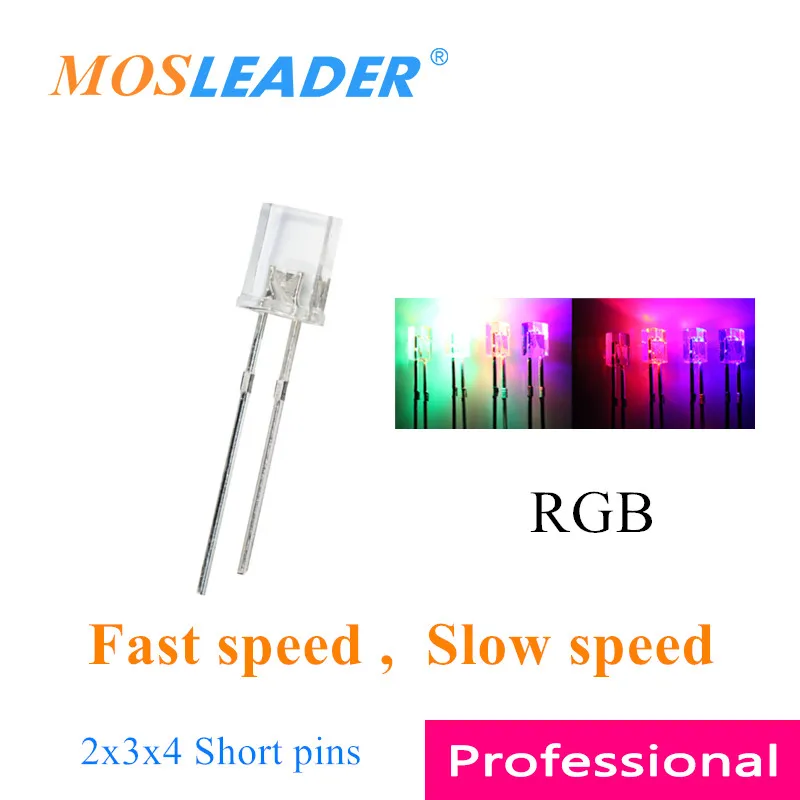 Mosleader 1000 Máy Tính 2*3*4 234 LED RGB Đèn Flash Tốc Độ Nhanh Tốc Độ 2X3X4 Ngắn Chân Đỏ Xanh Lá Xanh Dương 2 Chân Đèn LED Vuông Trong Suốt