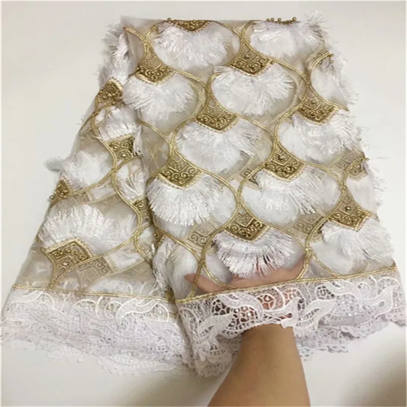 

African Tassel Lace Fabric with Stones, Swiss Voile Lace, White, High Quality, Switzerland, Hot Sale