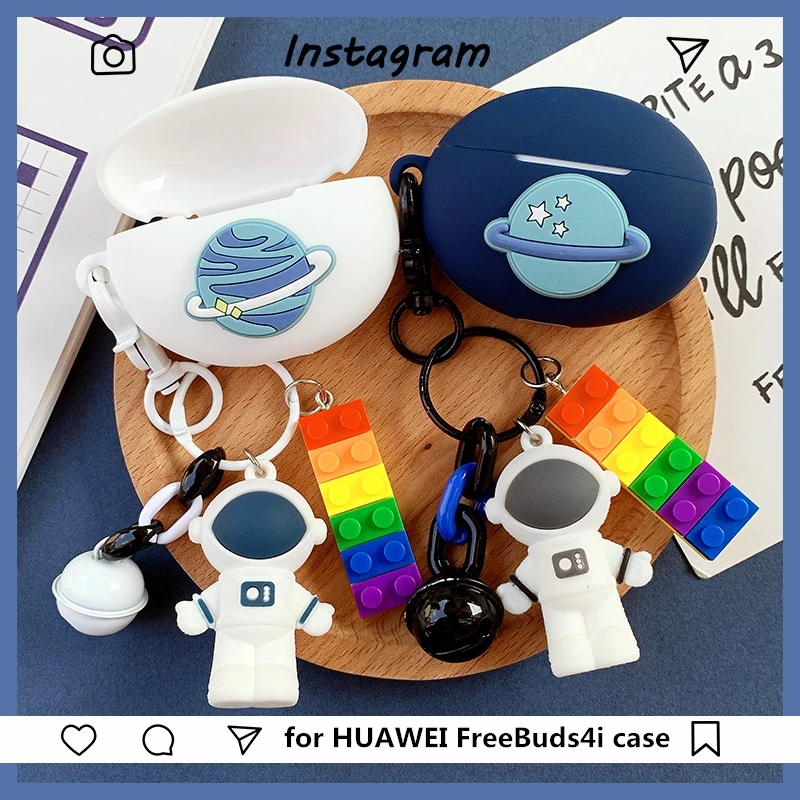 Funda de astronauta de dibujos animados para HUAWEI FreeBuds 4i Auriculares inalámbricos con Bluetooth, cubierta de auriculares con llavero