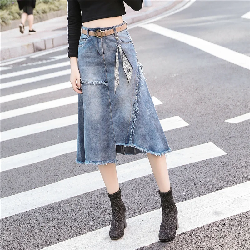 S-5XL Women Denim Skirt Spring Summer 2024 Fashion Casual Medium-long Package hip Irregular hem Slim Waist Skirts Jeans  Female