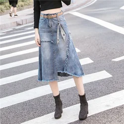 S-5XL Mulheres Jeans Saia Primavera Verão 2024 Novo Moda Casual Médio-longo Pacote quadril Bainha irregular Cintura fina Saias Jeans Fêmea