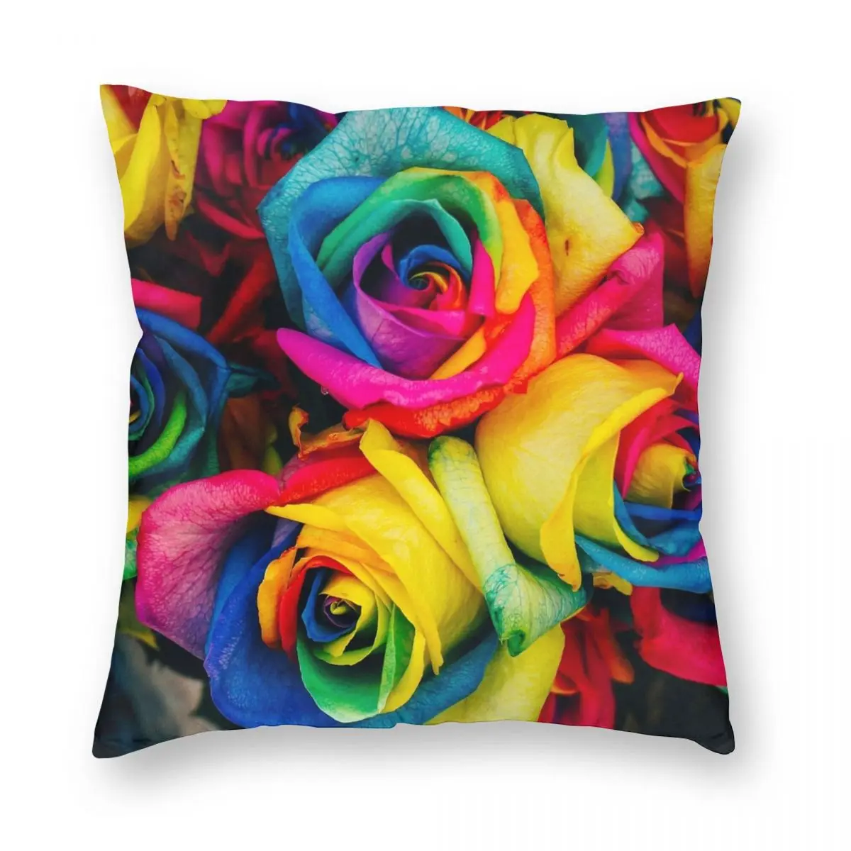 

Rainbow Roses Bright Colourful Stunning Square Pillowcase Polyester Linen Velvet Printed Zip Decor Car Cushion Cover