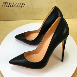 Tikicup Solid Black Matte Women Pointed Toe Slip On High Heels Elegant Ladies Chic Stiletto Pumps OL Fashion Dress Shoes