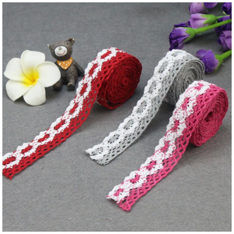 (5 Yards) 4.5M Colorful Sewing Fabric DIY Trim Cotton Crocheted Lace Ribbon Hand garment Accessories DIY Material 2.5cm width