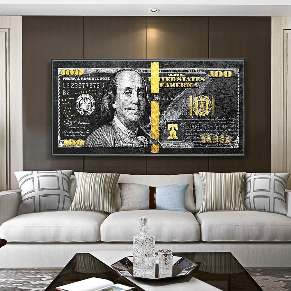 Modern 100 Dollar Canvas Paintings on the Wall Art Posters and Prints Gold Ben Franklin Bill Premium Canvas Art Pictures Decor