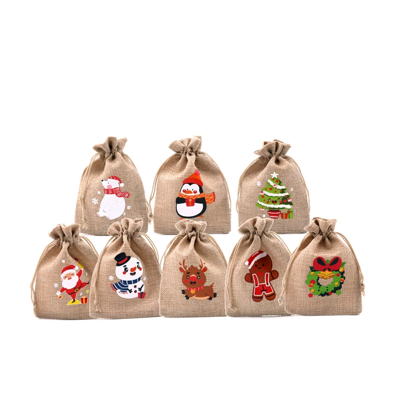 

5 PCS Christmas Candy Gift 10*14 CM Bag Cute Christmas Linen Tote Bag Lattice Side Drawstring Pocket Gift