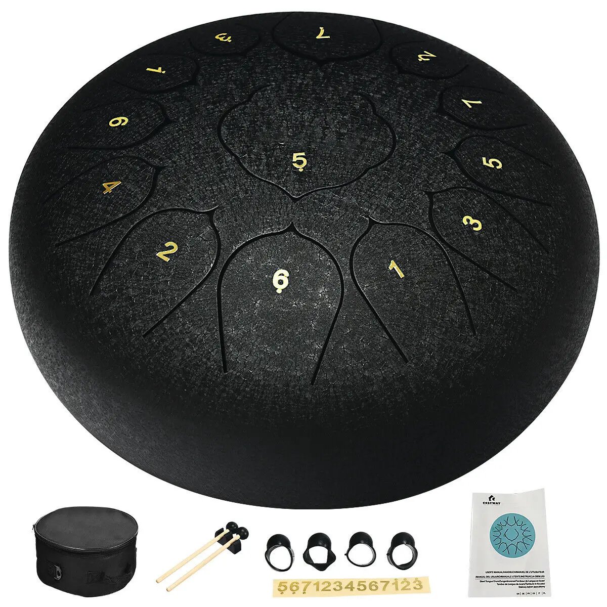 Tambor de língua de aço 13 notas 12 "tambor handpan com maletes saco & picaretas dedo preto mu10055bk