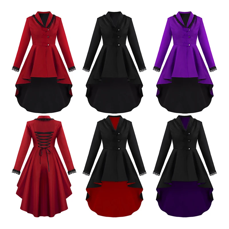 

Women's Medieval Retro Long Coat Irregular Hem Tuxedo Vintage Personalized Button Lace Up Windbreaker Halloween Cosplay Clothes