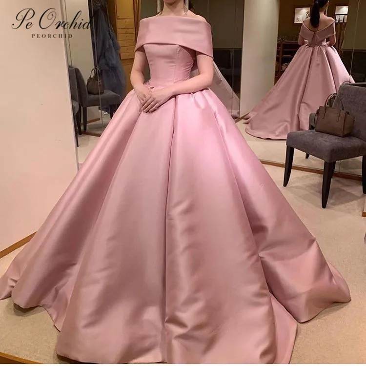 PEORCHID 2021 Princess Pink Evening Dreess For Women Party Wedding Off Shoulder Satin Simple Prom Ball Gowns Celebrity Sukienki