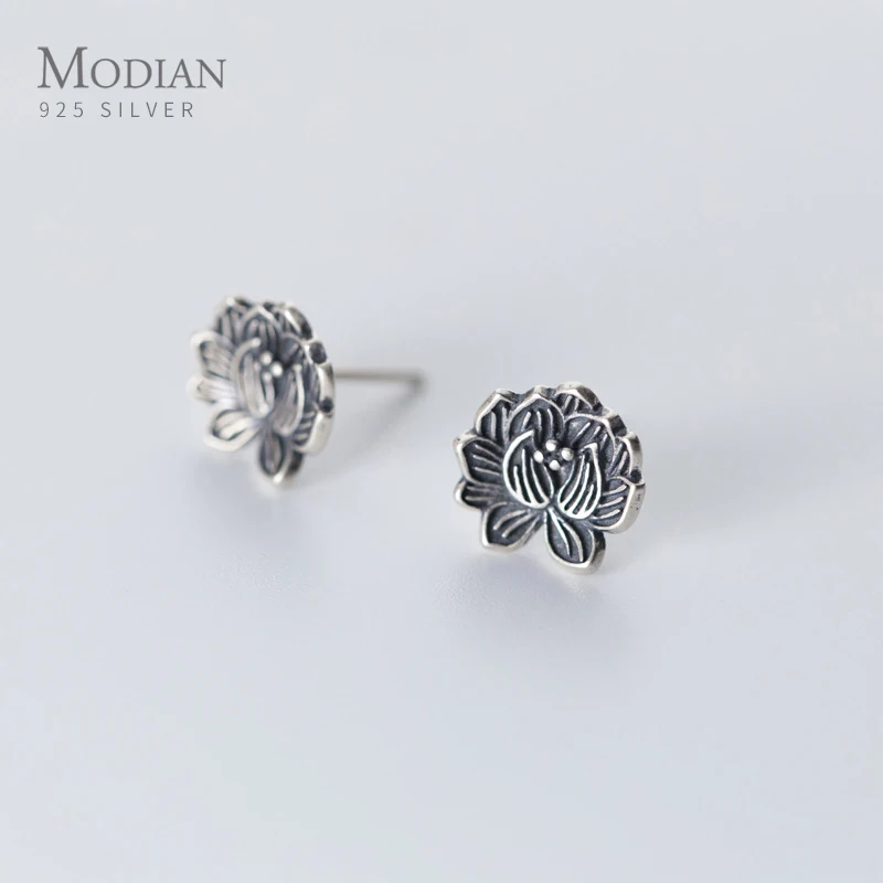 Modian Vintage Charm Black Lotus Stud Earrings for Women Classic Exquisite Trendy Jewelry 925 Sterling Silver Fine Brincos