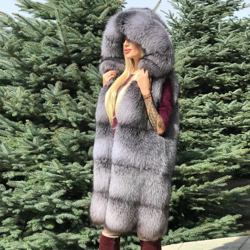 Women Natural Silver Fox Fur Vest with Hood Luxury Women Whole Skin Genuine Silver Fox Fur Coat Sleeveless Real Fur Overcoats