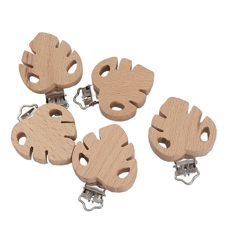 Chenkai 10PCS Wooden leaf Shaped Pacifier Clips DIY Organic Eco-friendly Nature Baby Rattle Teething Grasping Wooden Toy Gift